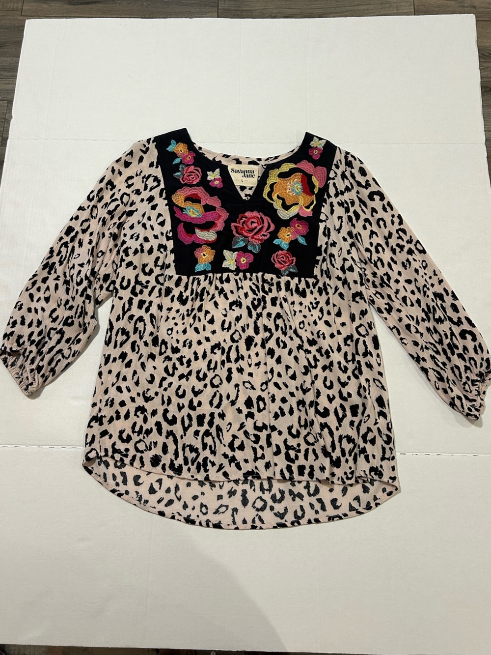Savanna Jane Pink Leopard Print Peasant Top with Black Embroidered Yoke